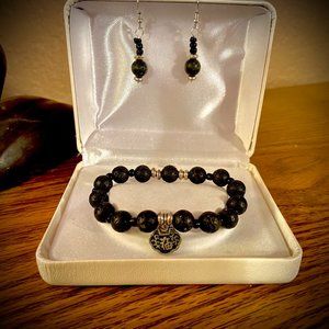 Handcrafted Gray Beaded Bracelet with charm medalion and Dangle Earring Set